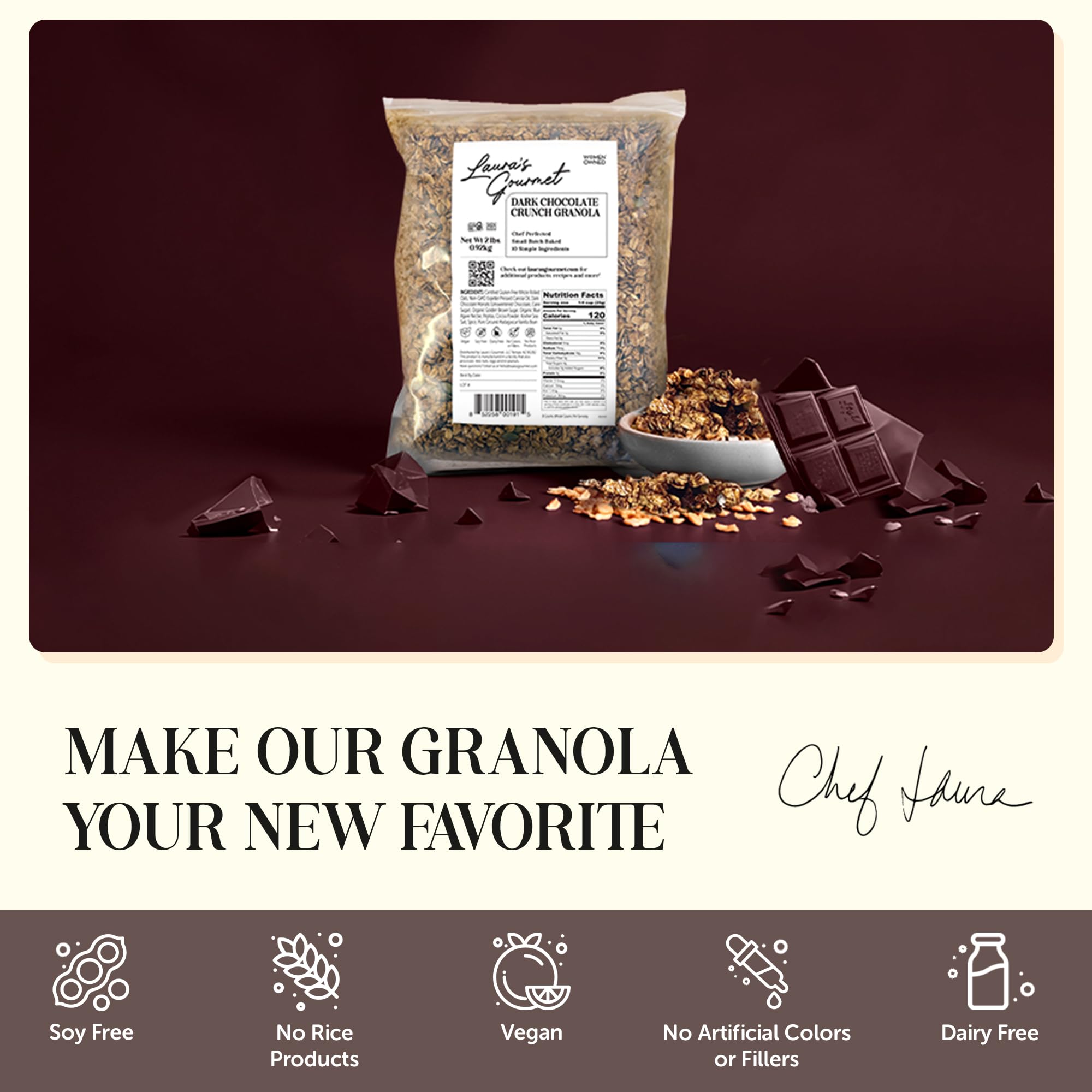 Laura's Gourmet Granola Dark Chocolate Crunch, 2 lb, Gluten-Free Oats, Vegan, Dairy & Soy Free Snack, Organic Agave, Bittersweet Chocolate & Cocoa