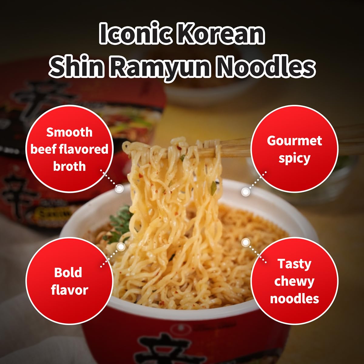 Nongshim Shin Ramyun Bowl Noodles, Spicy Korean Signature Instant Ramyun, Rich Beef Flavored Broth, Quick and Easy, Microwaveable Bowl, 3.03 oz (Pack