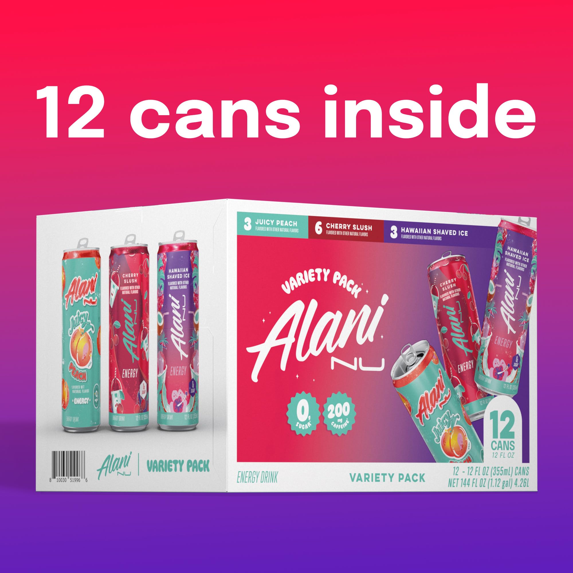Alani Nu VARIETY PACK CHERRY SLUSH, JUICY PEACH, HAWAIIAN SHAVED ICE Sugar Free, Low Calorie Energy Drinks, 200mg Caffeine, Biotin B Vitamins, Zero