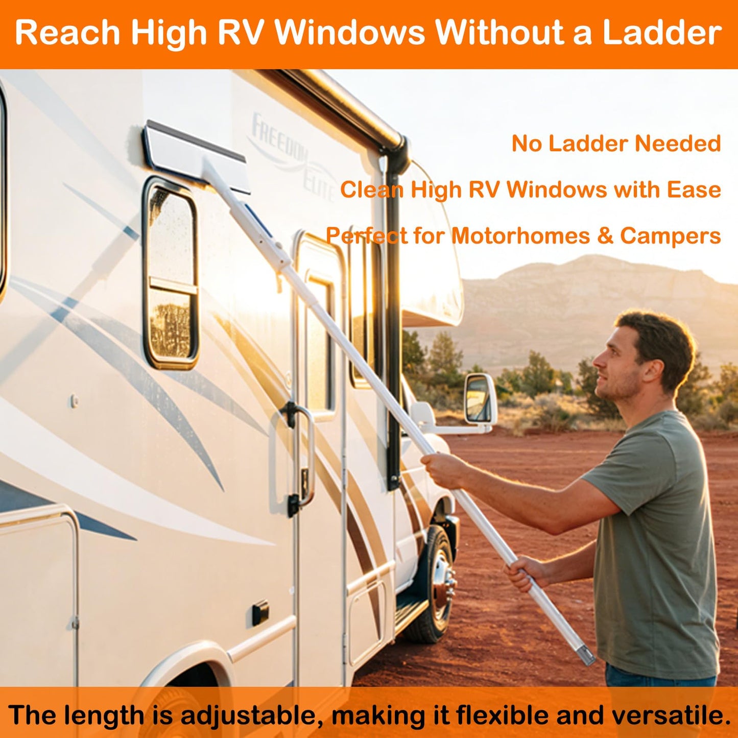 MIYIMORE RV Window Cleaning Squeegee with Spray, Max 73.3" Handle, Motorhome & Camper Exterior Glass Cleaner, 3-in-1 Spray Mop for High Windows, Home