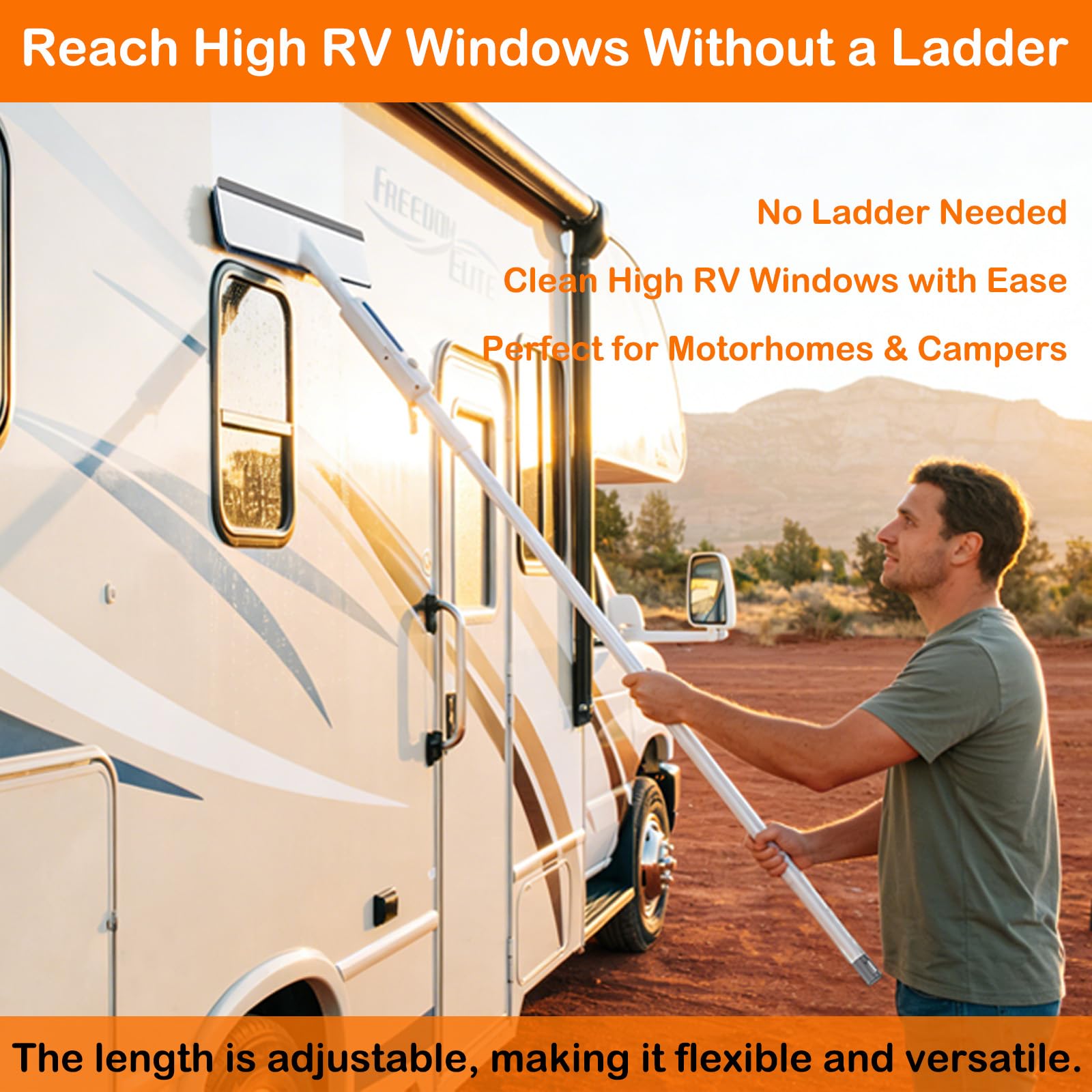 MIYIMORE RV Window Cleaning Squeegee with Spray, Max 73.3" Handle, Motorhome & Camper Exterior Glass Cleaner, 3-in-1 Spray Mop for High Windows, Home