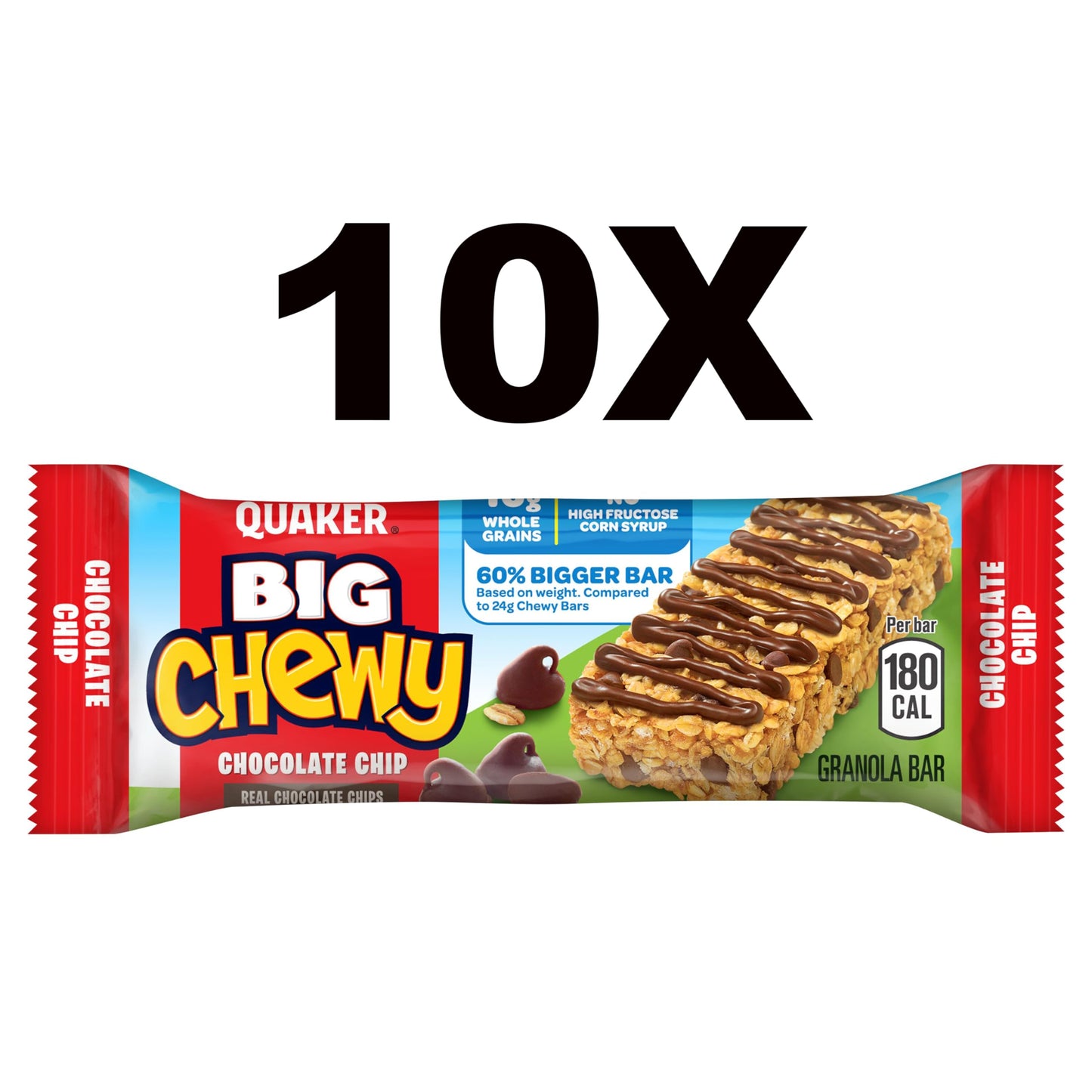 Quaker Big Chewy Granola Bars, 60% Larger, Chocolate Chip, (10 Count)