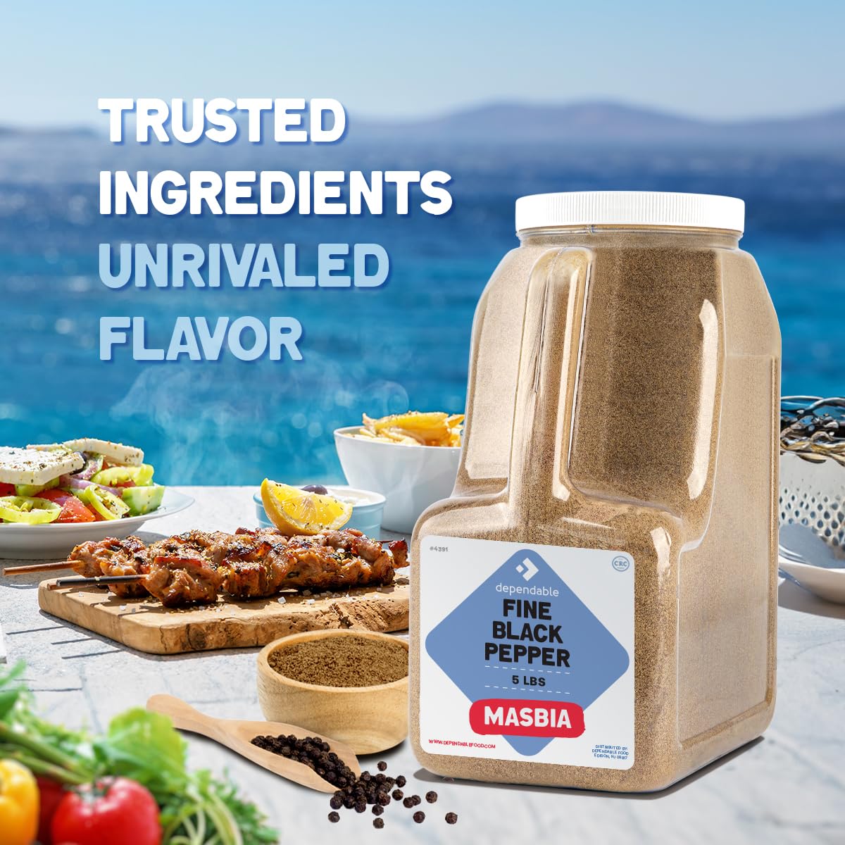 Dependable Food Fine Ground Black Pepper - 5 Lb. Jar - Bulk, Kosher, Black Pepper Ground - 60 Mesh - Fine Black Pepper Seasoning for Chefs