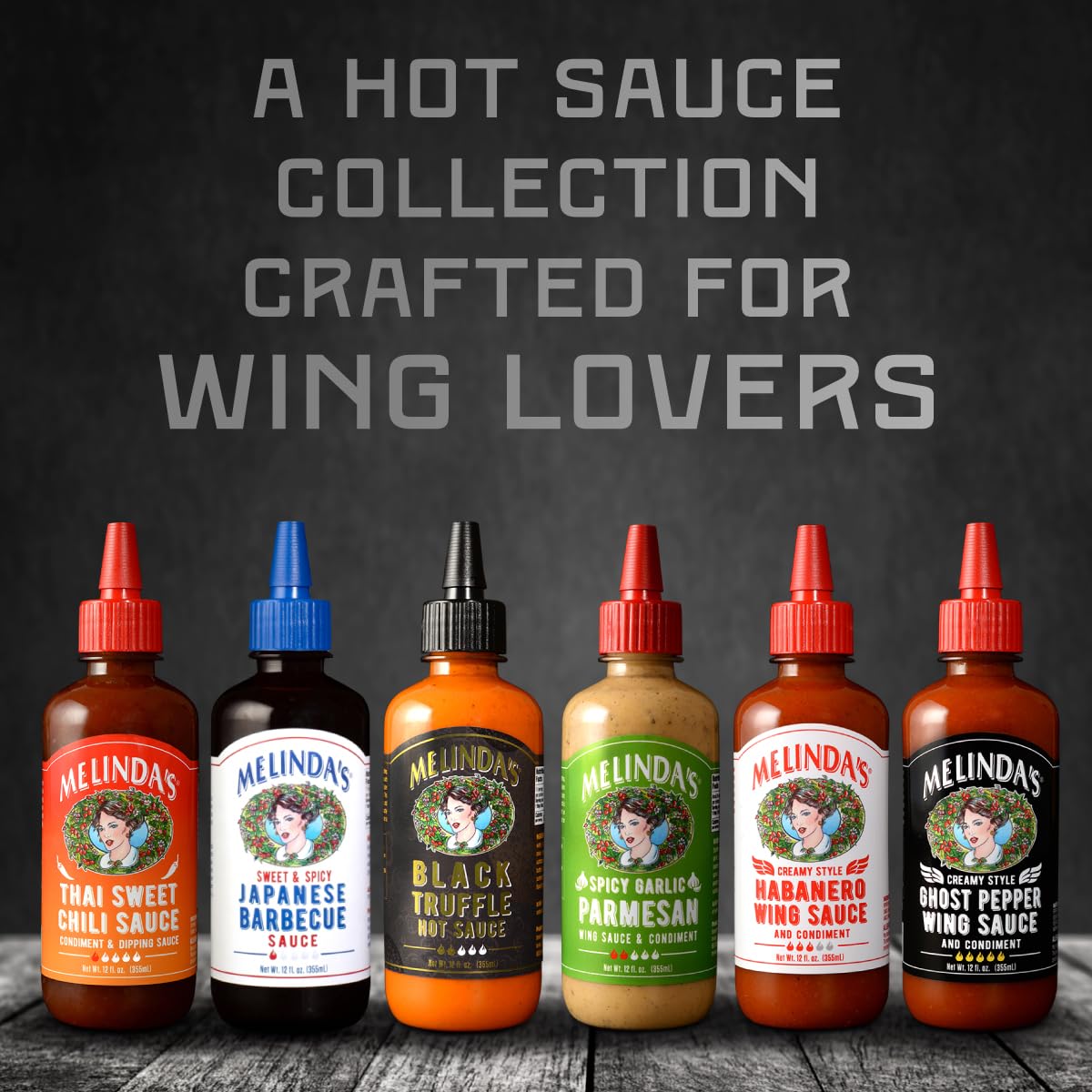 Melinda’s Craft Wing Collection - Craft Wing Sauce & Condiment Gift Set for Buffalo Wings - Black Truffle Hot Sauce, Thai Sweet Chili, Japanese BBQ