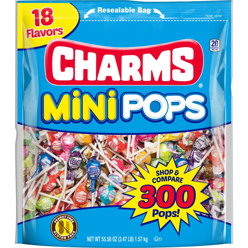 Charms Mini Pops, 18 Flavors, Individually Wrapped, Peanut Free, Gluten Free, 300 Count, 1-Pack, 3.47 lbs
