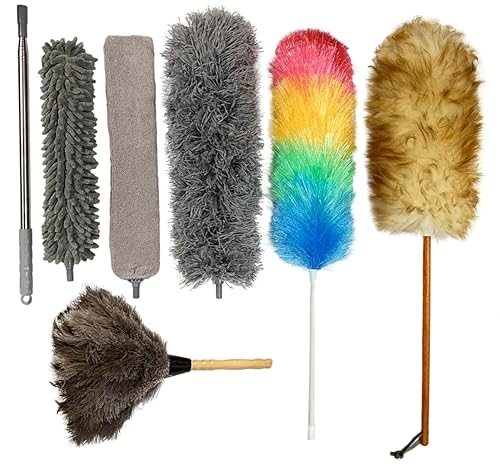 (New) Alta Dusting Products 7-Piece All Duster Combo Set (3 Microfiber Duster Heads with Extention Pole + Synthetic (Rainbow) Duster + Lambs Wool