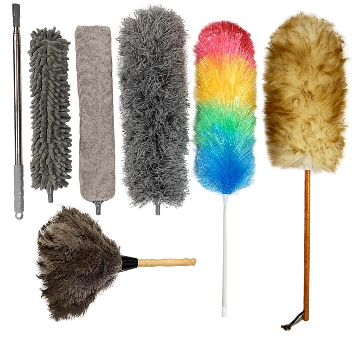 (New) Alta Dusting Products 7-Piece All Duster Combo Set (3 Microfiber Duster Heads with Extention Pole + Synthetic (Rainbow) Duster + Lambs Wool