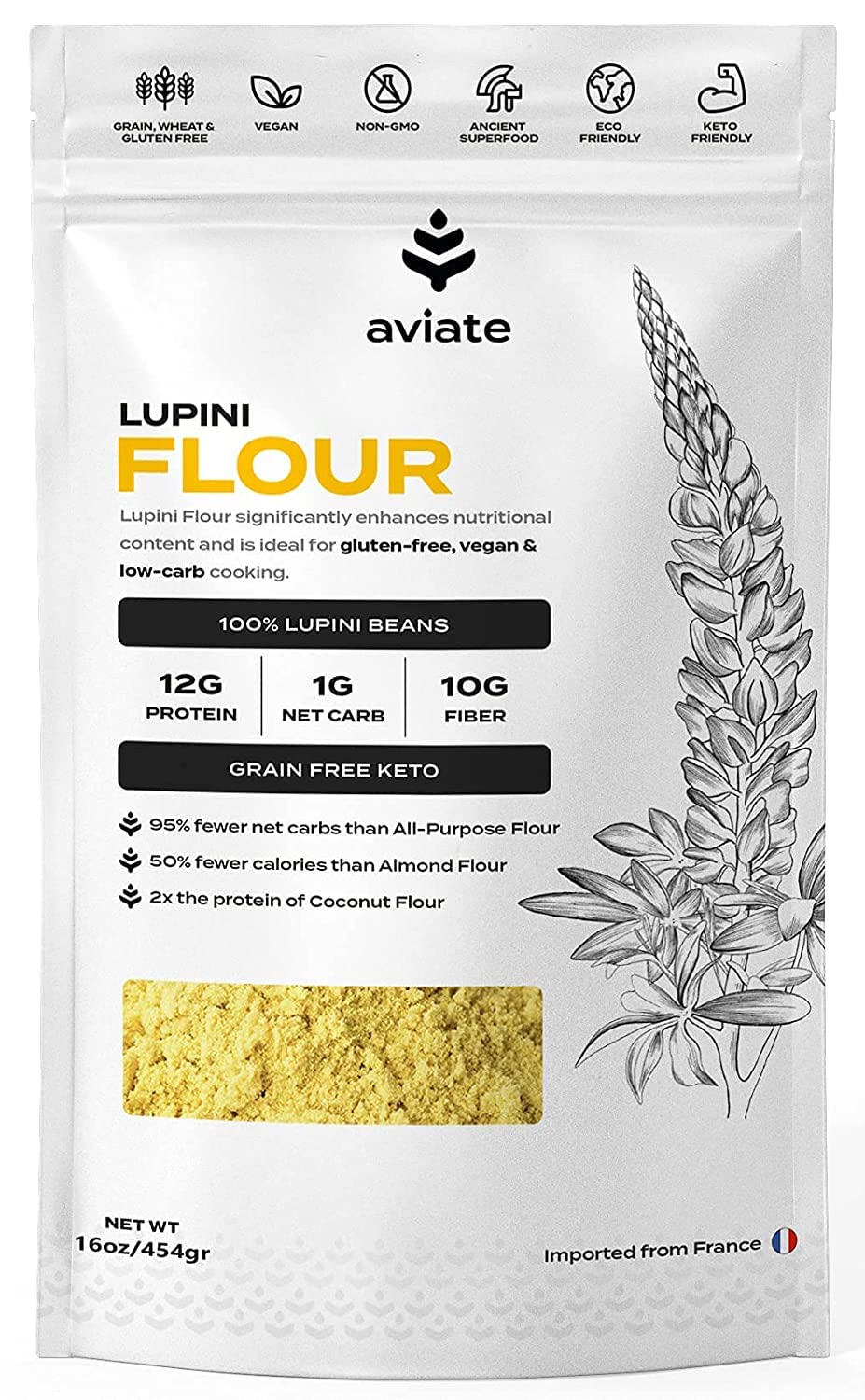 Aviate Lupini FLOUR - Keto & Vegan Friendly Superfood - Non-GMO - Gluten Free - Lupin Flour Keto - High Protein, Low Calorie & Low Carb - Rich in