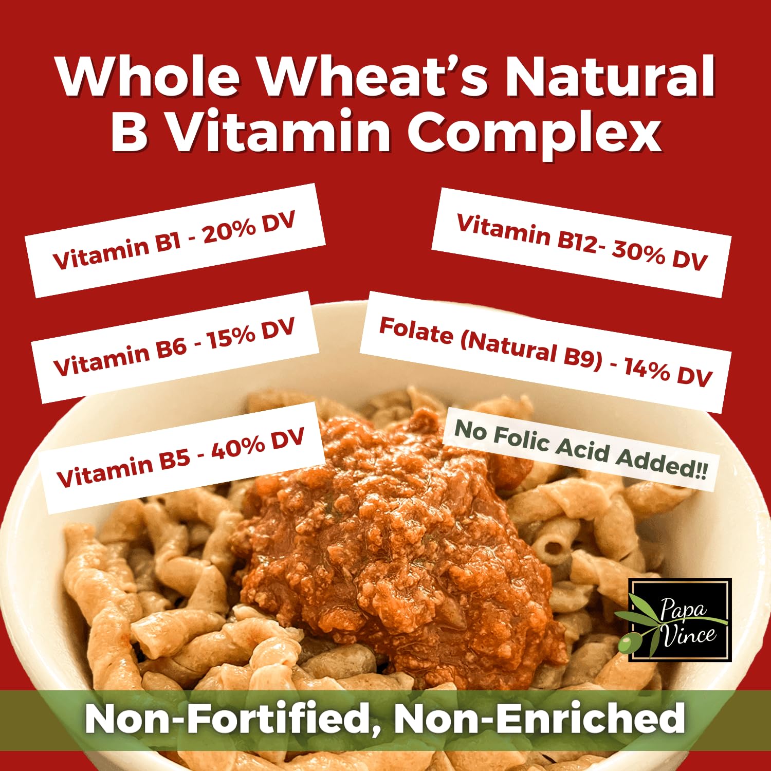 Papa Vince Organic Italian Pasta - Imported Whole Wheat Heirloom Grain from Italy: Non-Enriched, Bronze Die-Cut, High Fiber, Slow Carb, Slow-Dried