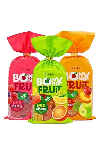 Roshen Bonny Fruit Berry, Citrus, Summer Mix Gummy Candy, Made with 25% Fruit Juice, 200grams (Variety Pack)