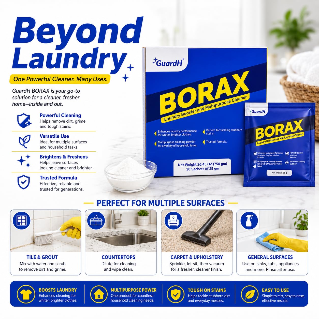 GuardH Borax Multipurpose Cleaner 750g 30 Sachets Natural Mineral Laundry Booster and Household Cleaning Powder for Stains Odor and Grout Eco-Friendly