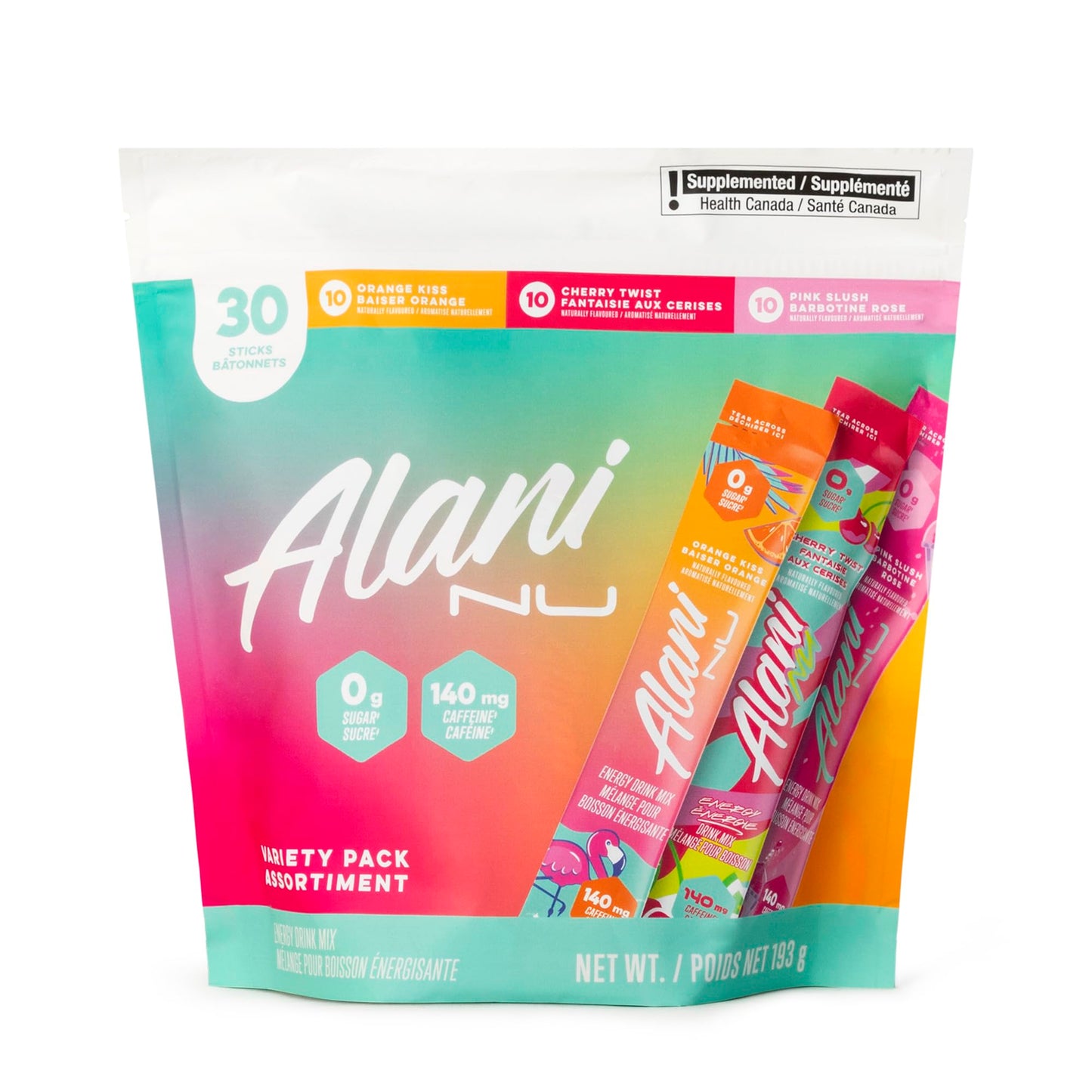 Alani_Nu Energy Drink Mix Variety Pack + QueBuy Reusable Straw (30 Count. Value Pack) - 200mg Caffeine - 0g Sugar - Orange Kiss, Cherry Slush & Pink