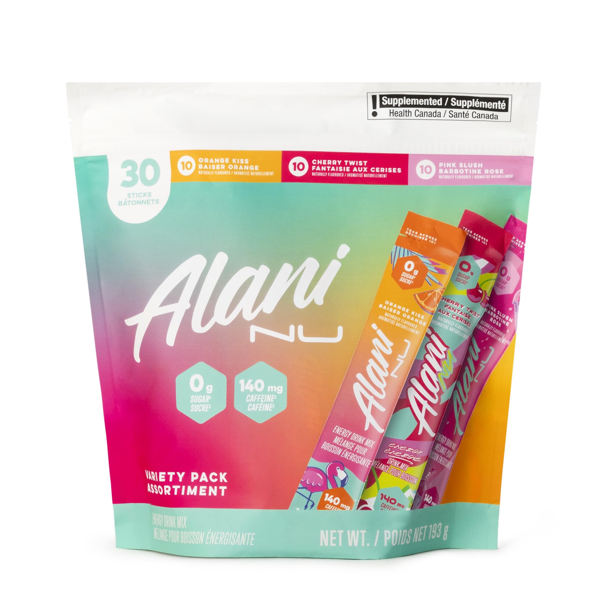 Alani_Nu Energy Drink Mix Variety Pack + QueBuy Reusable Straw (30 Count. Value Pack) - 200mg Caffeine - 0g Sugar - Orange Kiss, Cherry Slush & Pink