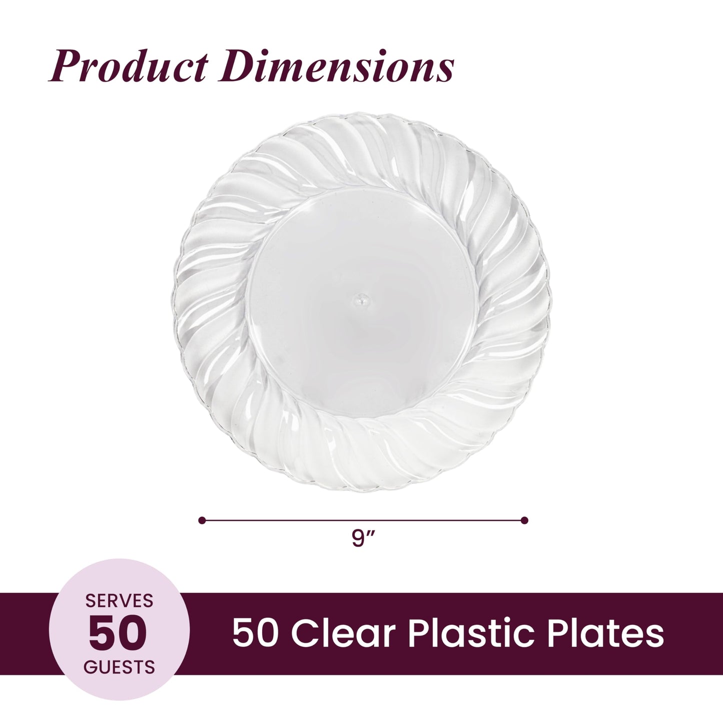Aya's Cutlery Kingdom 50 Pack Clear Plastic Plates 9 Inch - Heavy Duty, Round, Disposable Plates for Parties, Weddings, and Events - Elegant Party