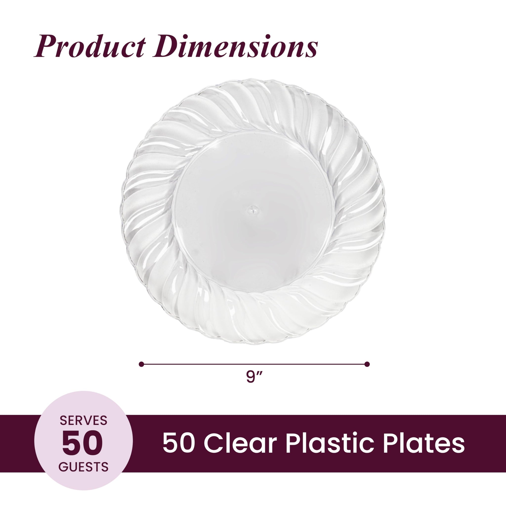 Aya's Cutlery Kingdom 50 Pack Clear Plastic Plates 9 Inch - Heavy Duty, Round, Disposable Plates for Parties, Weddings, and Events - Elegant Party