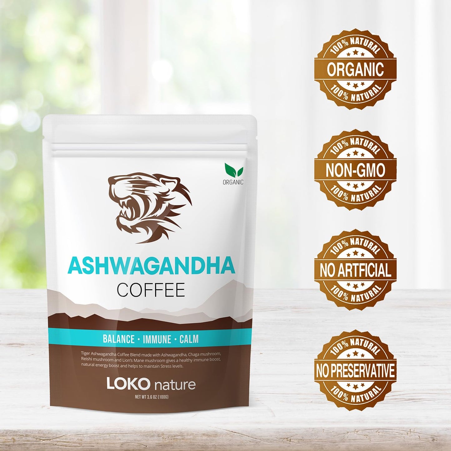 Tiger Ashwagandha Instant Mushroom Coffee - 30 Servings Arabica Blend with Reishi, Chaga & Lion's Mane | Adaptogen, Vegan, Antioxidant Support