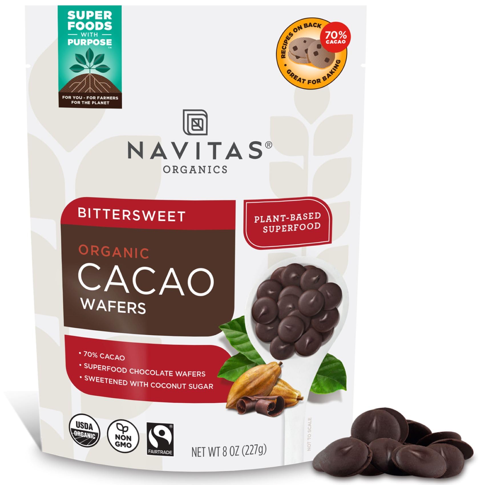 Navitas Organics Organic Bittersweet Cacao Wafers, 8oz - Organic, Fairtrade, Non-GMO, Gluten-Free