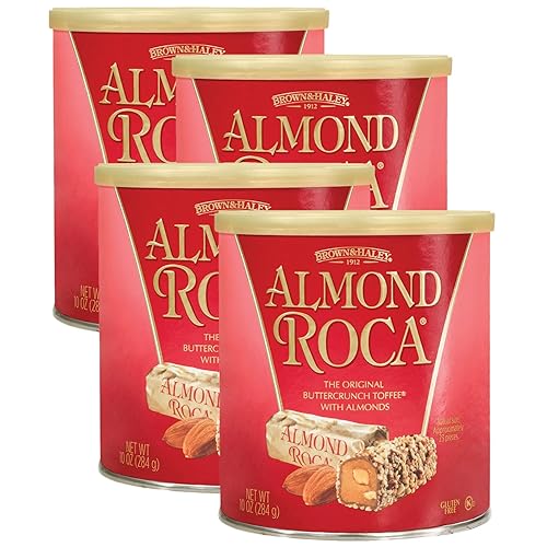 Almond Roca Pack of 4 Canisters - 10oz Individually Wrapped Chocolate Candy - Classic Buttercrunch Toffee with Almonds - Gluten Free, Kosher