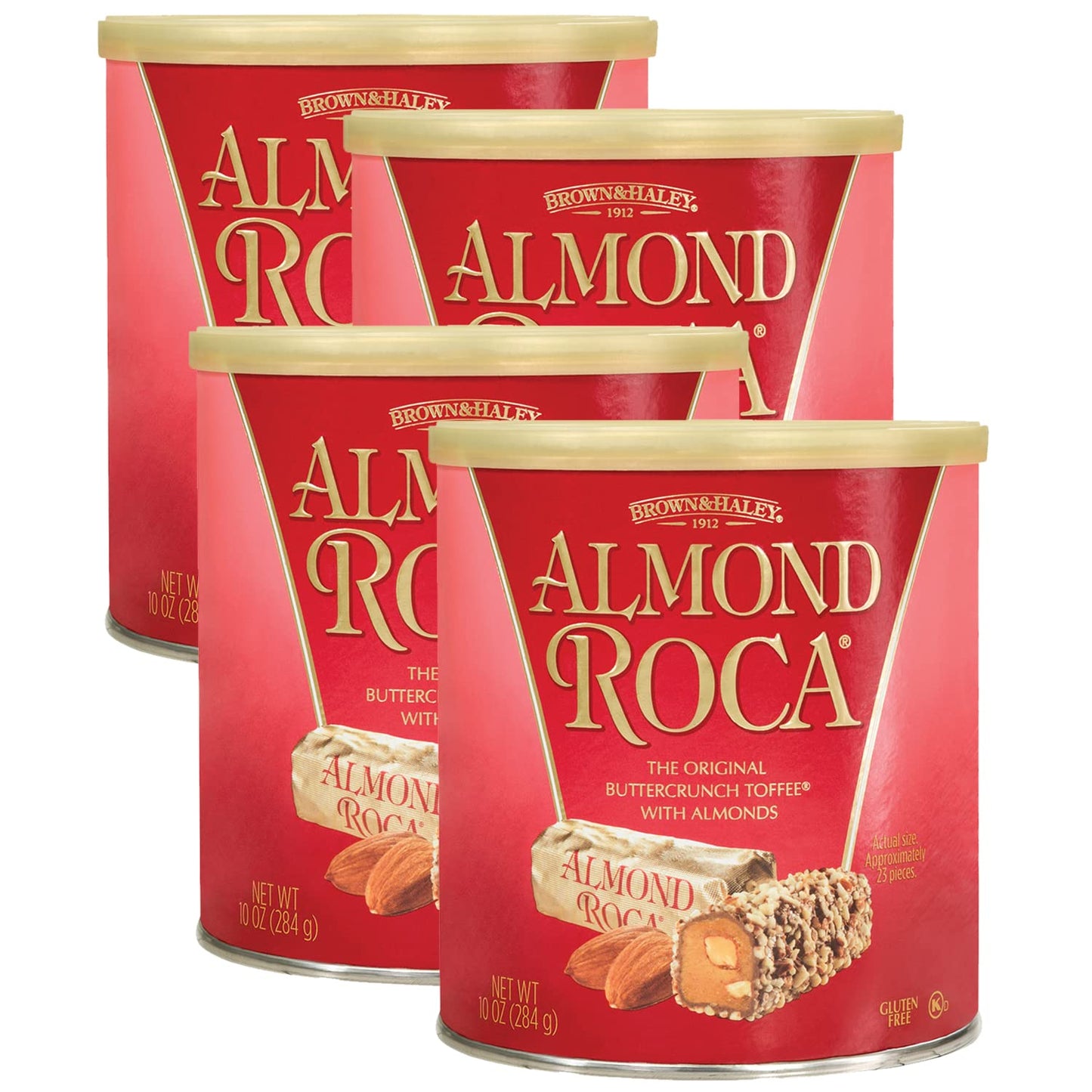 Almond Roca Pack of 4 Canisters - 10oz Individually Wrapped Chocolate Candy - Classic Buttercrunch Toffee with Almonds - Gluten Free, Kosher