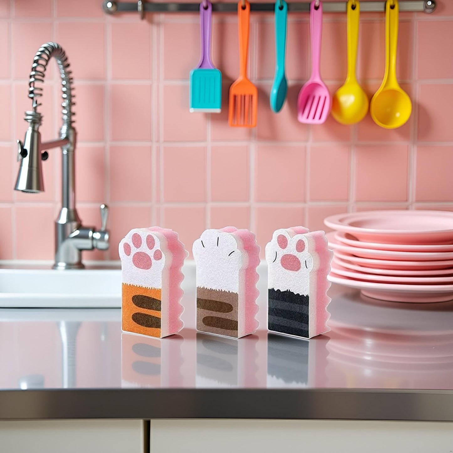 3Pcs Pink Random Style Cat Claw Design Kitchen Cleaning Sponges,Cute Household Cleaning Tool,Claw Design Non-Scratch Dishwashing Scrub Sponge Kitchen
