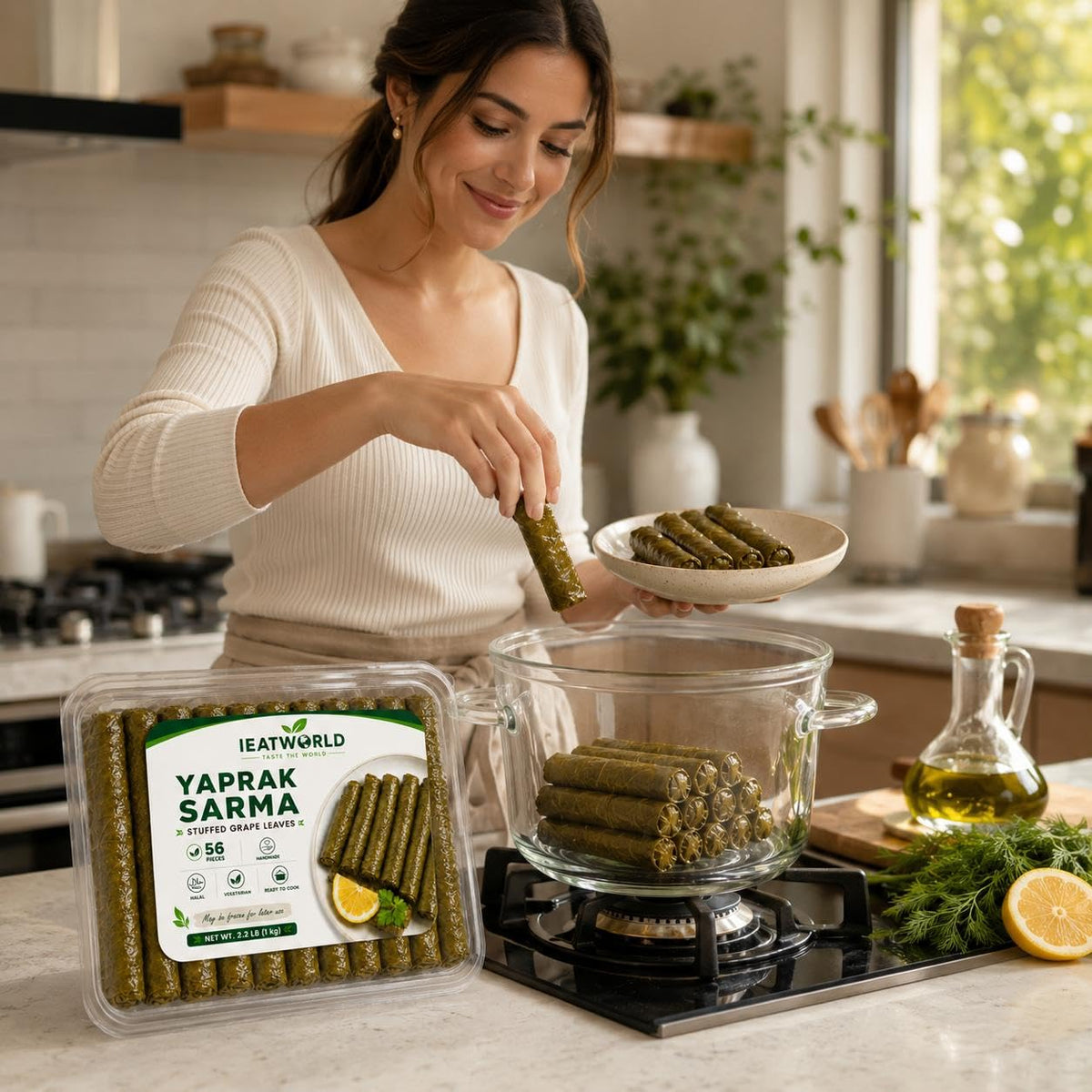 IEATWORLD Stuffed Dolma Collection - Ready to Cook Rice-Stuffed Vegetables, Mediterranean Style (1 Pack, Stuffed Grape Leaves)