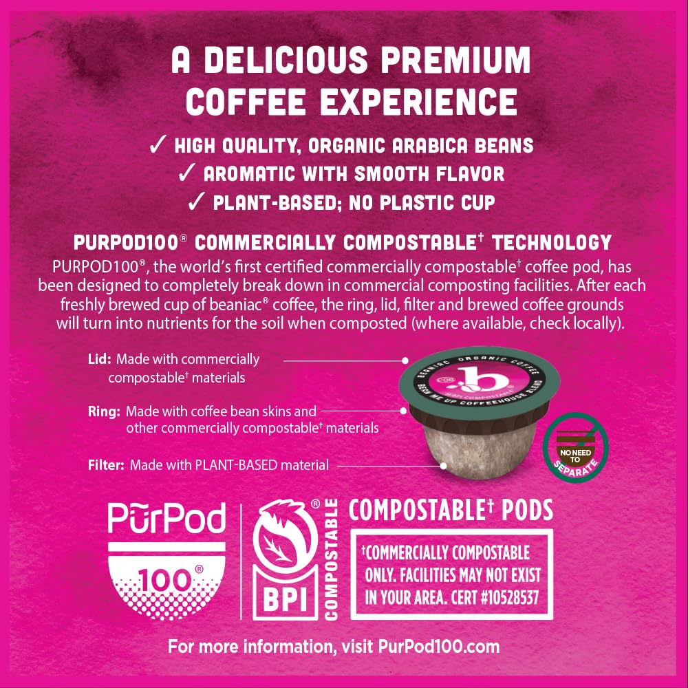 beaniac Organic Bean Me Up Coffeehouse Blend, Medium Roast, Single Serve Compostable K Cup Coffee Pods, Organic Arabica Coffee, Keurig Brewer