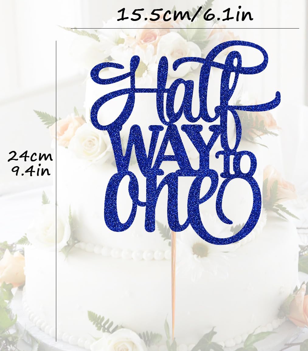 AHAORAY Half Way To One Cake Topper - Blue Glitter 6 Months Birthday Decorations Supplies - Half Birthday Decorations Baby Girl, for Baby