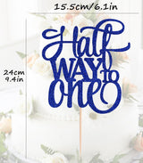 AHAORAY Half Way To One Cake Topper - Blue Glitter 6 Months Birthday Decorations Supplies - Half Birthday Decorations Baby Girl, for Baby