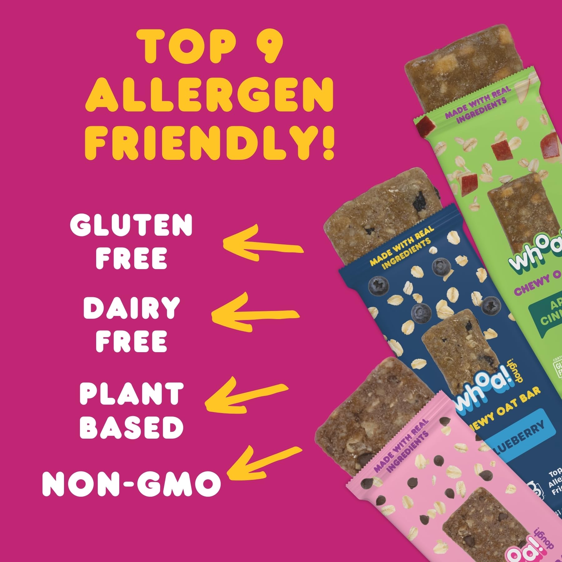 Whoa! Dough Top 9 Allergen Free Chewy Oat Bars - 3-Flavor Variety Pack | (6) 1.41 oz Individually Wrapped Bars | 5-6g Fiber, Allergen Friendly