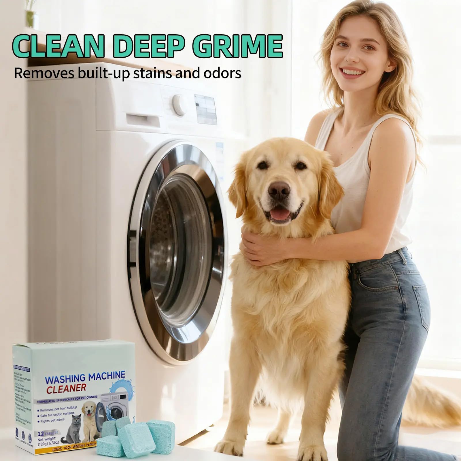 Washing Machine Cleaner Tablets, Pet Hair & Odor Deep Cleaning Tablets, Deep Cleaning Mold & Residue Remover for HE Top Front Load Washer