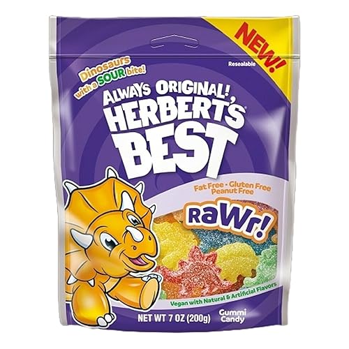 Herbert's Best RaWr, Sour Dinosaur Gummy Candy, Vegan, Natural Colors & Flavors, 7 oz Bag