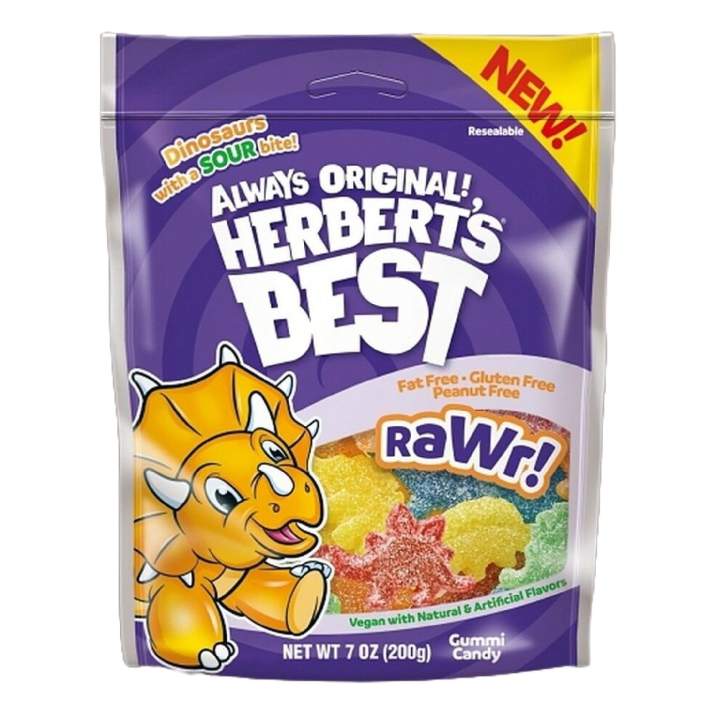 Herbert's Best RaWr, Sour Dinosaur Gummy Candy, Vegan, Natural Colors & Flavors, 7 oz Bag