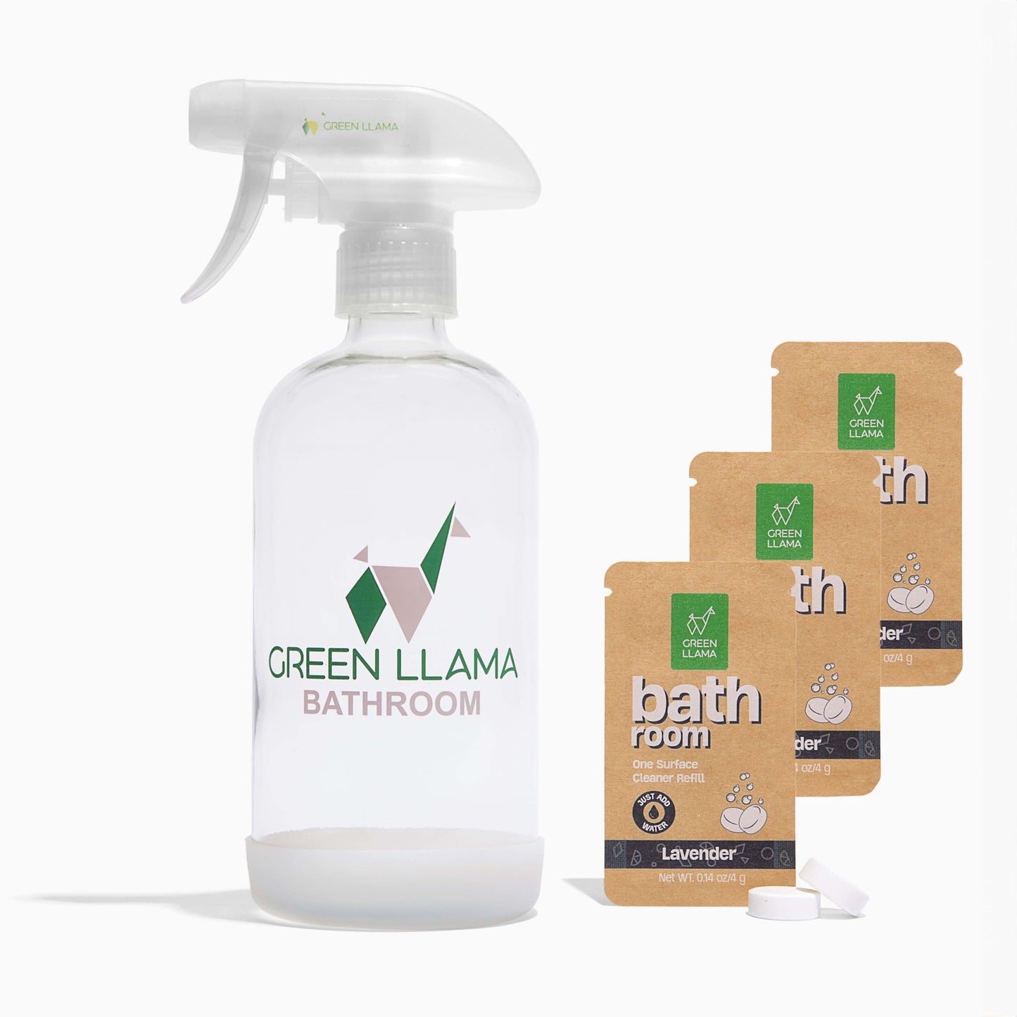 Green Llama Eco Bathroom Cleaner Spray - 16oz Glass Bottle, 3 Refill Tablets, Natural, Sustainable, Lavender Rosemary Scent - Safe, Effective for Home