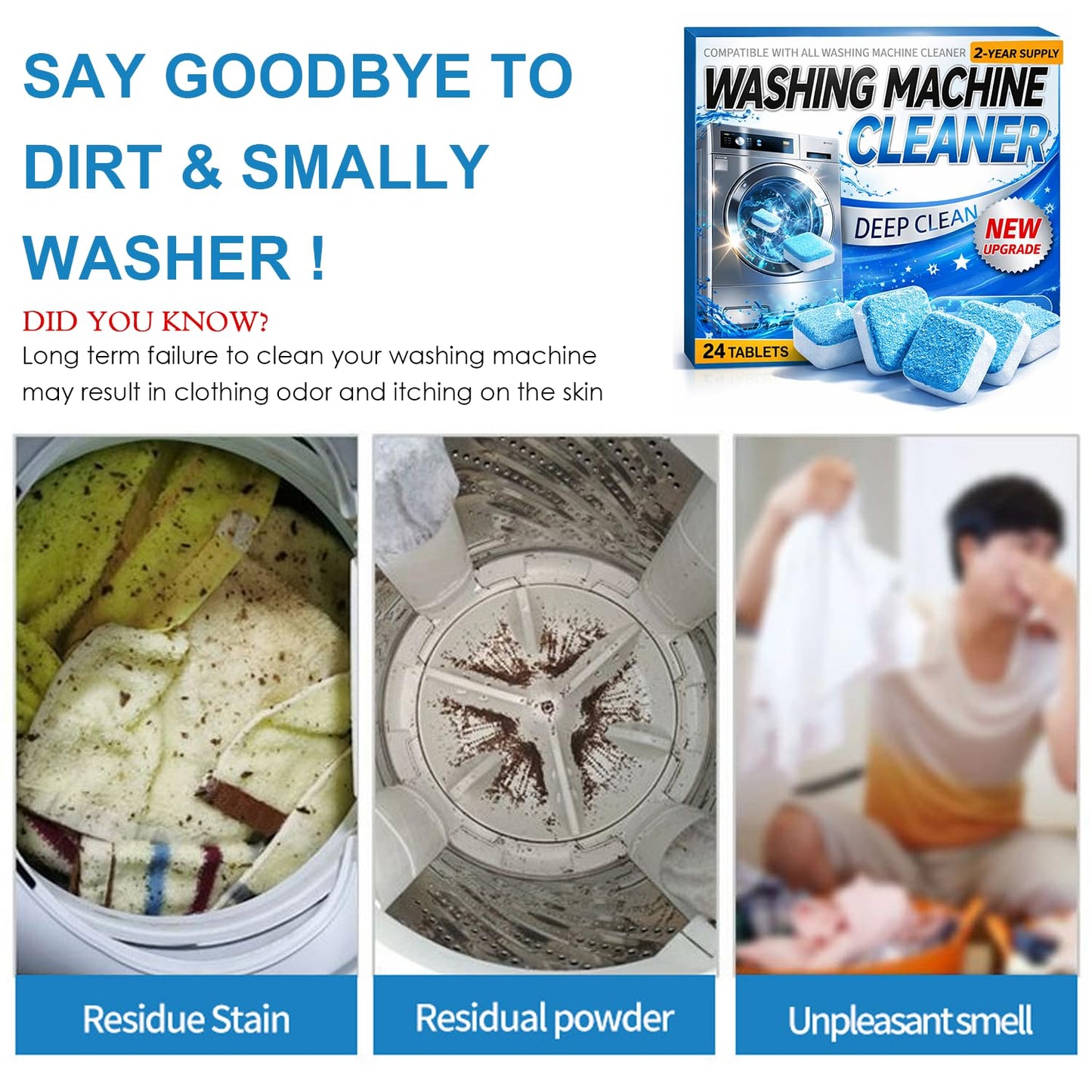 Enzyme Washing Machine Cleaner Tablets (24 Pack) - 2X Power Deep Clean Laundry Machine Cleaner Descaler for HE, Front Load & Top Load Washer, Removes