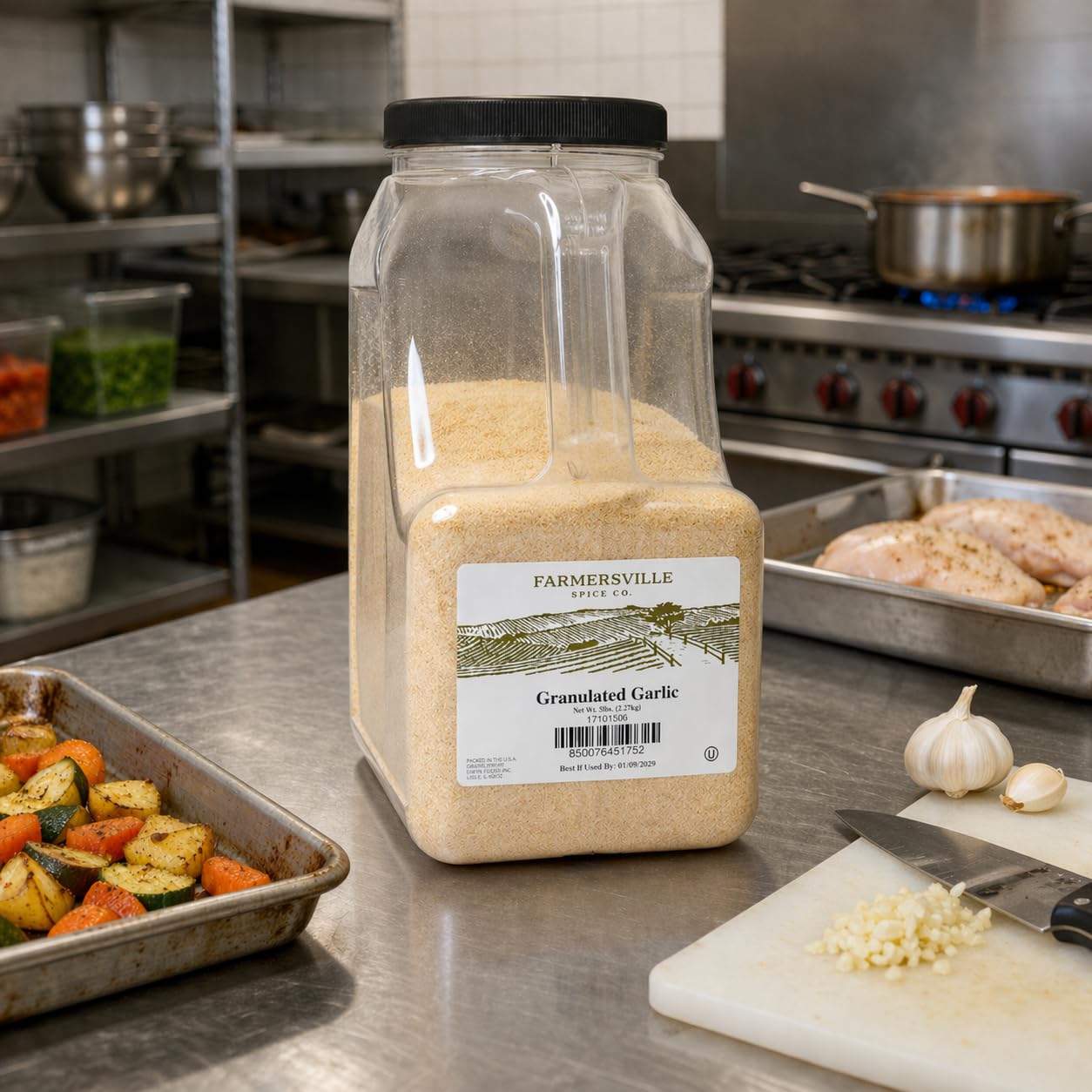 Farmersville Spice Co. Granulated Garlic, 5 lb Handle Jug, Kosher Spice for Commercial Kitchens