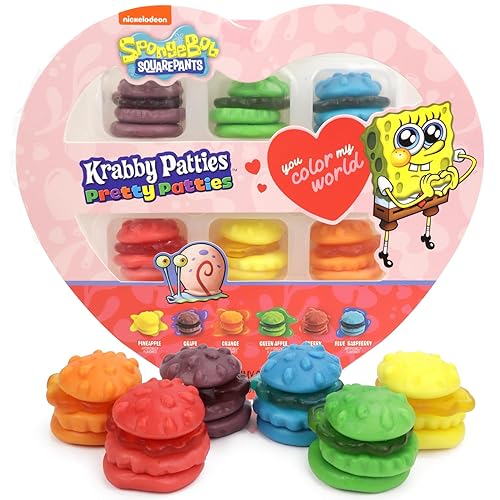 SpongeBob SquarePants Pretty Patties Heart Gift Box, Valentine's Day Gummy Krabby Patty Candy, Assorted Fruit Flavored, 6 Count