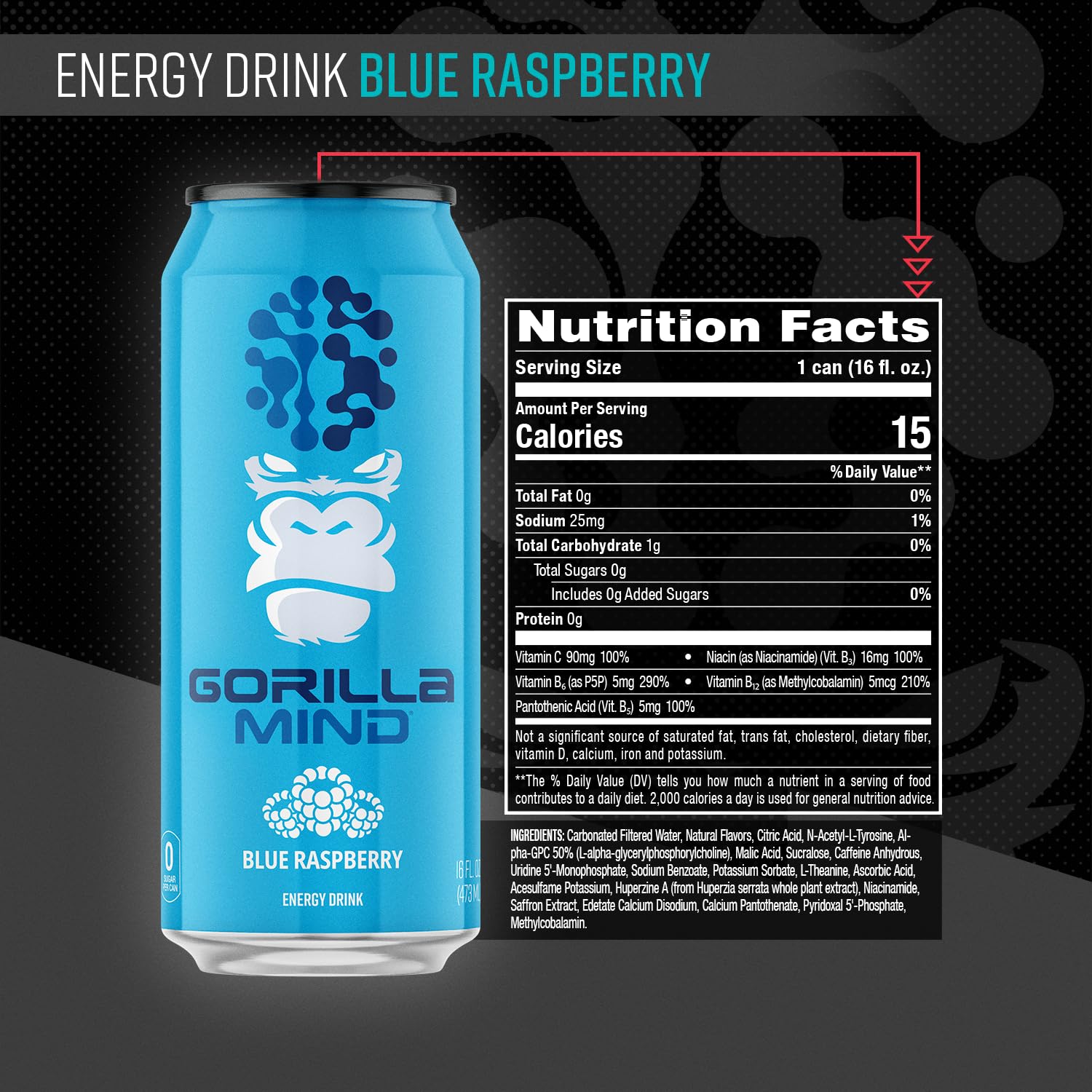 Gorilla Mind Energy Drink | Unmatched Energy · Amplified Focus | N-Acetyl-L-Tyrosine, Alpha-GPC, 200mg Caffeine, Uridine, Saffron | 0 Sugar Or