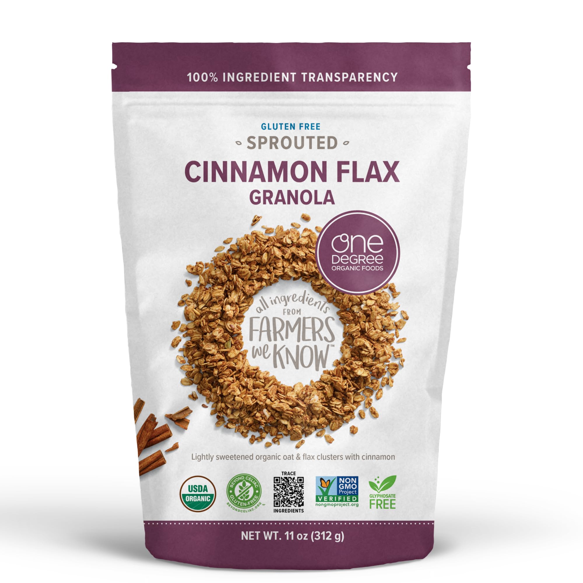 One Degree Organics Sprouted Oat Cinnamon Flax Granola Cereal, Glyphosate-Free, USDA Organic, Gluten-Free, Non-GMO, Vegan, Yogurt Smoothie Bowl