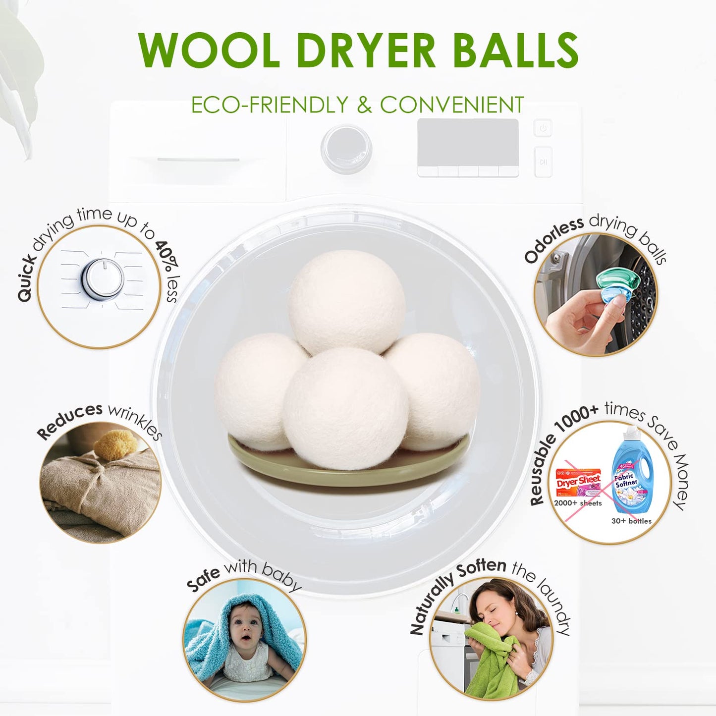 Wool Dryer Balls Organic 4 Pack XL,Laundry Dryer Balls,100% New Zealand Wool Natural Fabric Softener,Reusable 1000 Loads,Shorten Drying Time & Reduces