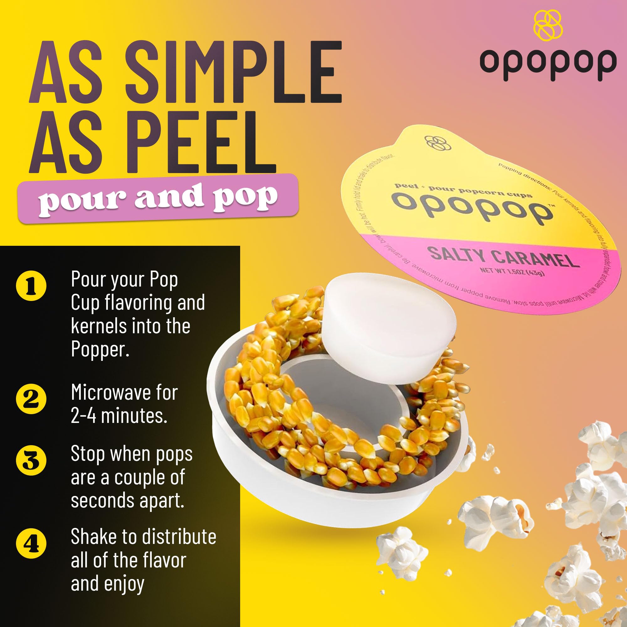 Opopop Microwave Popcorn - Pop Cups Salty Caramel 6-Pack, Non-GMO Gourmet Popcorn Kernels & Popcorn Flavoring, Caramel Popcorn, Gluten Free Snacks