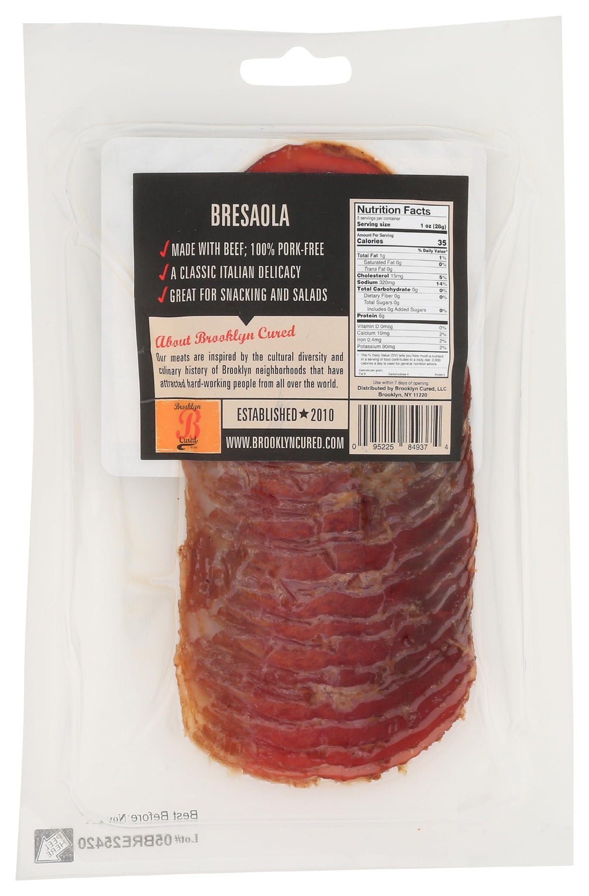 Brooklyn Cured, Bresaola Sliced, 3 Ounce
