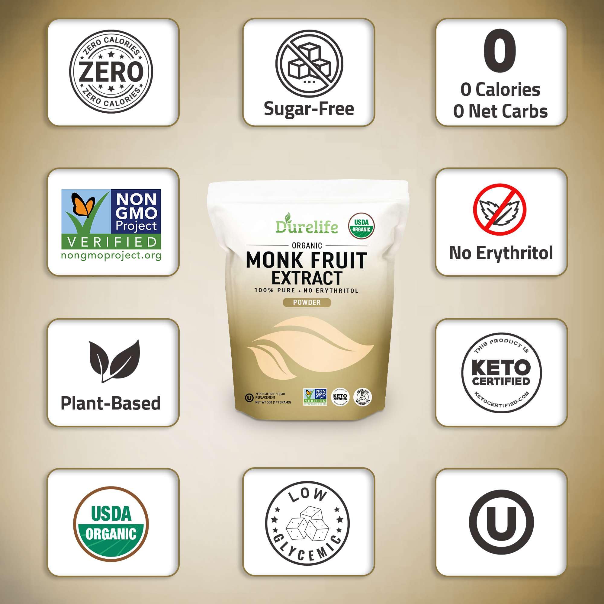 Durelife Organic 100% Pure Monk Fruit sweetener, No Erythritol, Monkfruit Extract Powder, USDA organic NON-GMO Project Verified, Keto Certified, OU kosher No Fillers Zero Calorie Sugar Substitute 5 OZ