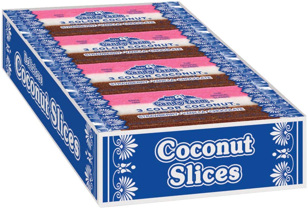 Neapolitan Coconut Slice Candy Bars (Vanilla, Chocolate & Strawberry-striped moist coconut 1.65 Ounce Bars), 24 Count