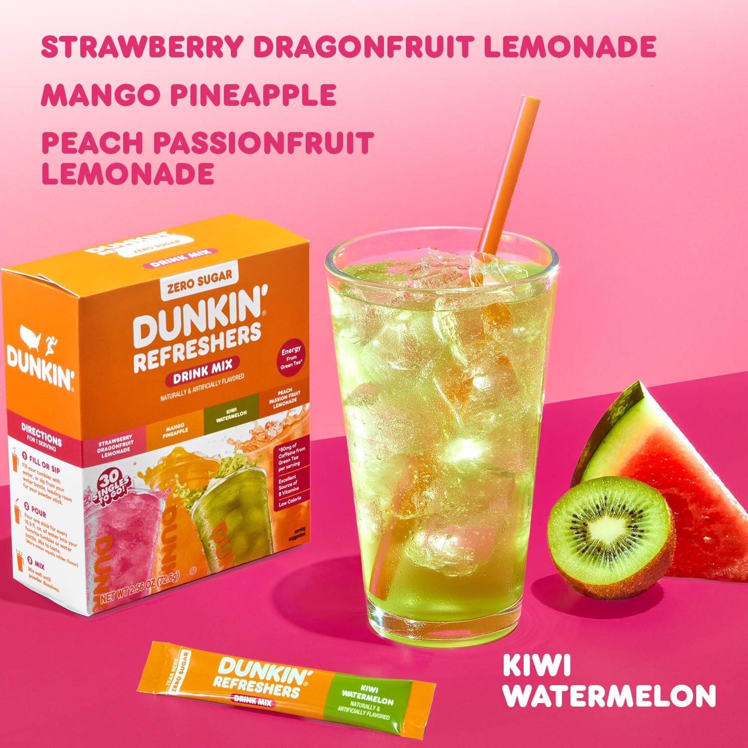 Dunkin’ Zero Sugar Refreshers Singles To Go! Powdered Drink Mix, 30 Ct Variety Pack, Energy from Green Tea, Aspartame-Free, Just Add Water