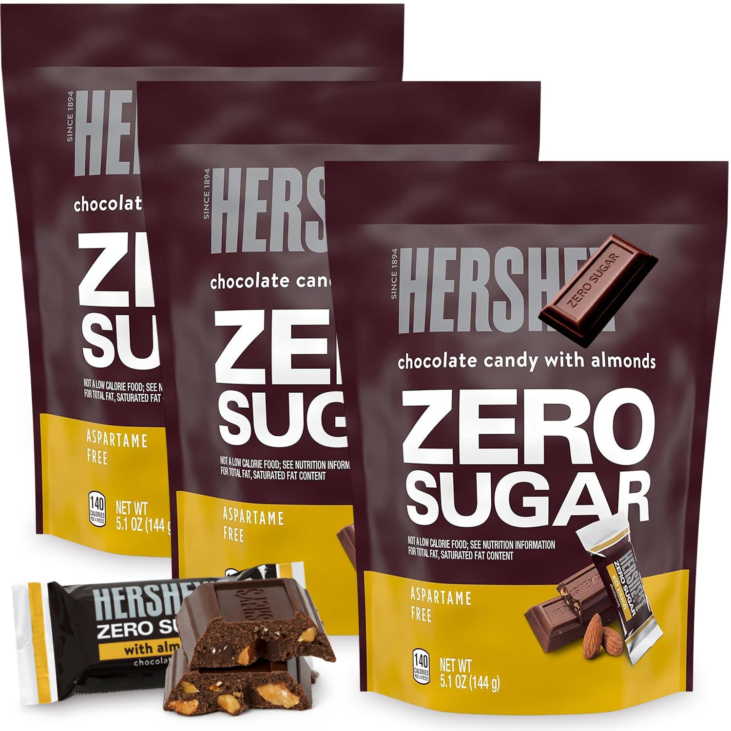 Zero Sugar Milk Chocolate Candy with Almonds, 3-Pack - Individually Wrapped Mini Candy Bars, Sugar Free Chocolate Perfect for Low Carb Diets