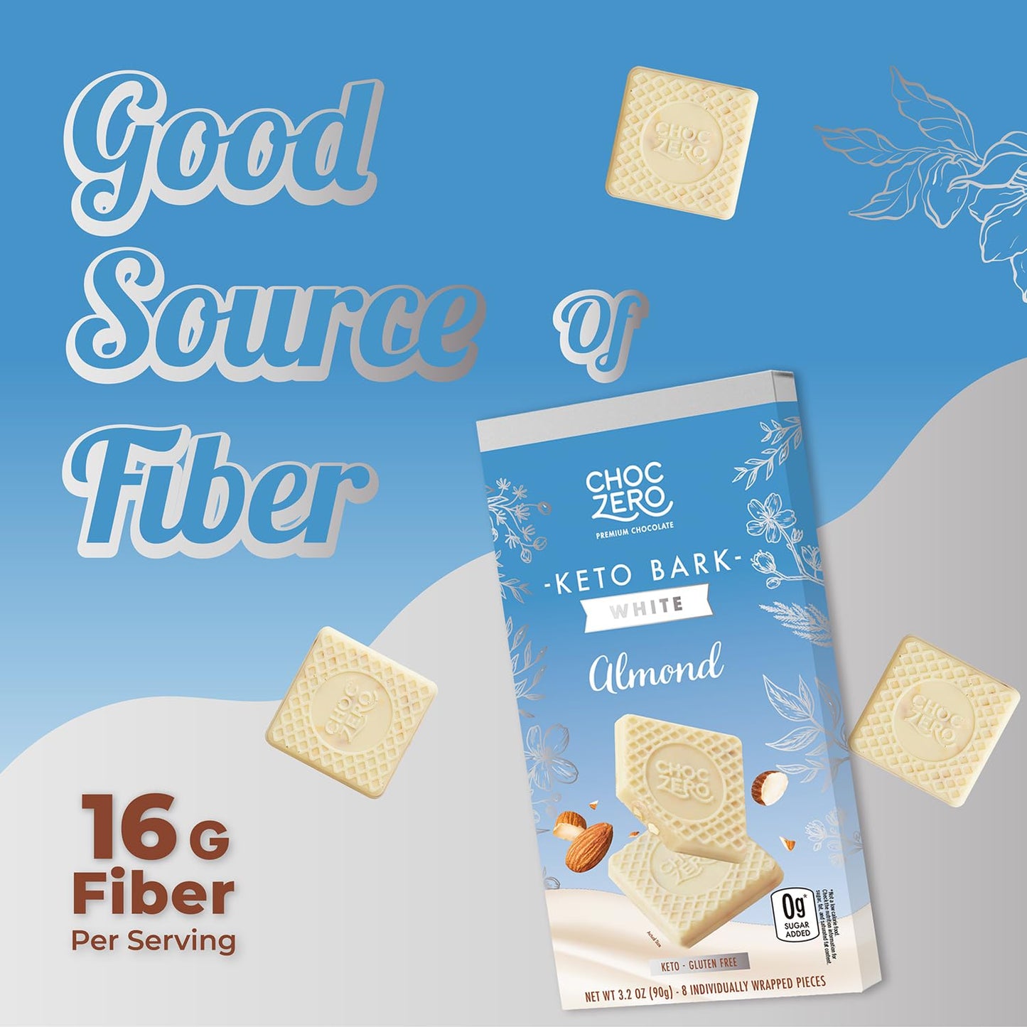 ChocZero Keto Bark, White Chocolate Almond, No Added Sugar, High Fiber, Low Carb, No Sugar Alcohols, No Artificial Sweeteners, 3.2 Ounce (Pack of 4)