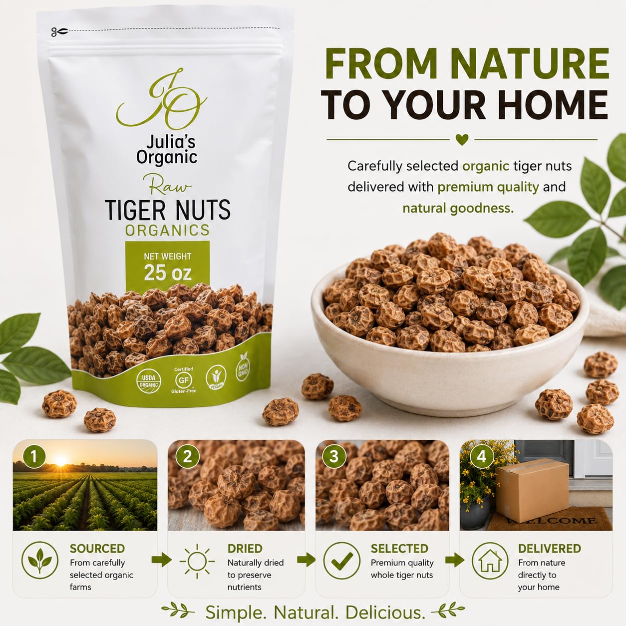 Julia's Organic Tiger Nuts (37 oz | Raw Snacks) Premium Raw Tiger Nuts | Gluten Free Snack, Non-GMO | Prebiotic Fiber | Paleo Friendly | Low