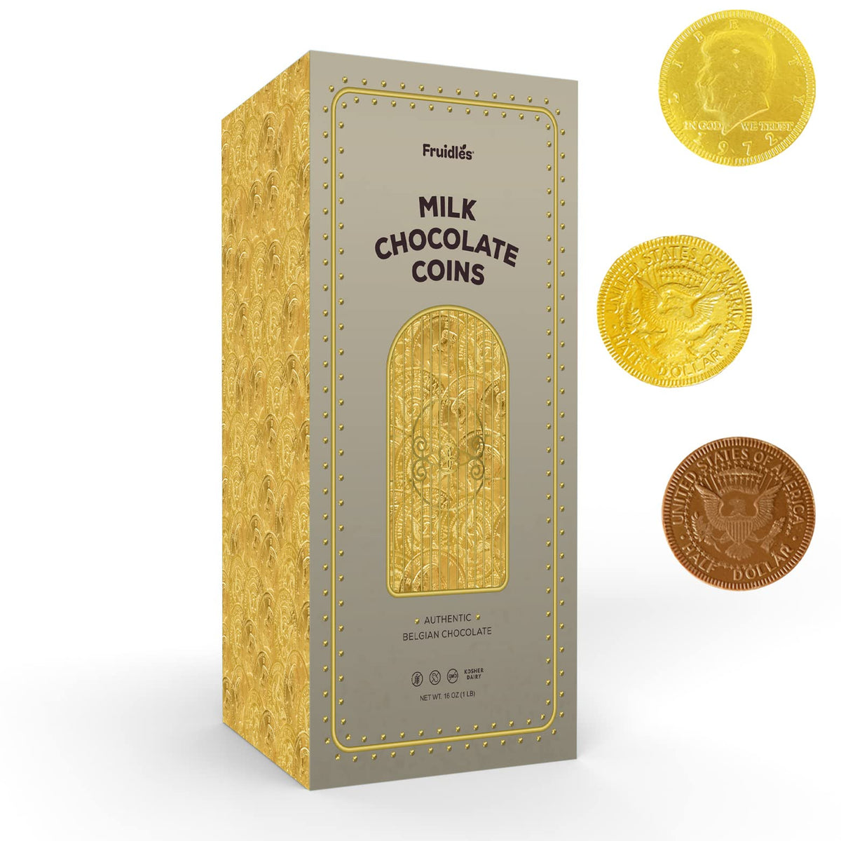 Fruidles Milk Chocolate Coins - Wrapped in Gold - Nut Free - Vault Design (1-Pound)