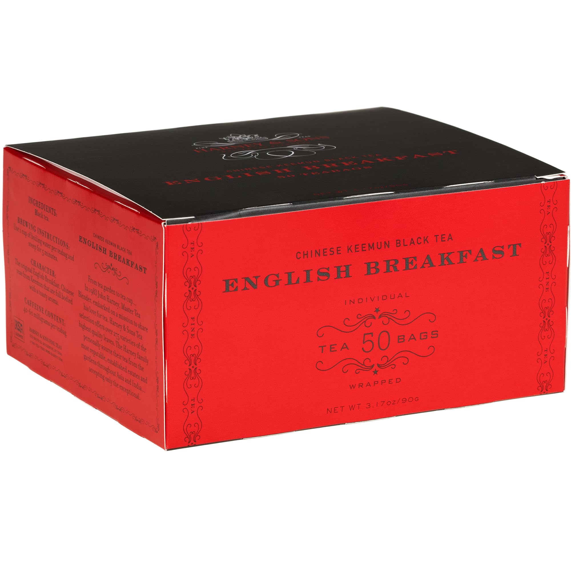 Harney & Sons English Breakfast Black Tea, 50 Tea Bags - Classic Keemun Blend for Bold, Full-Bodied Flavor, Kosher
