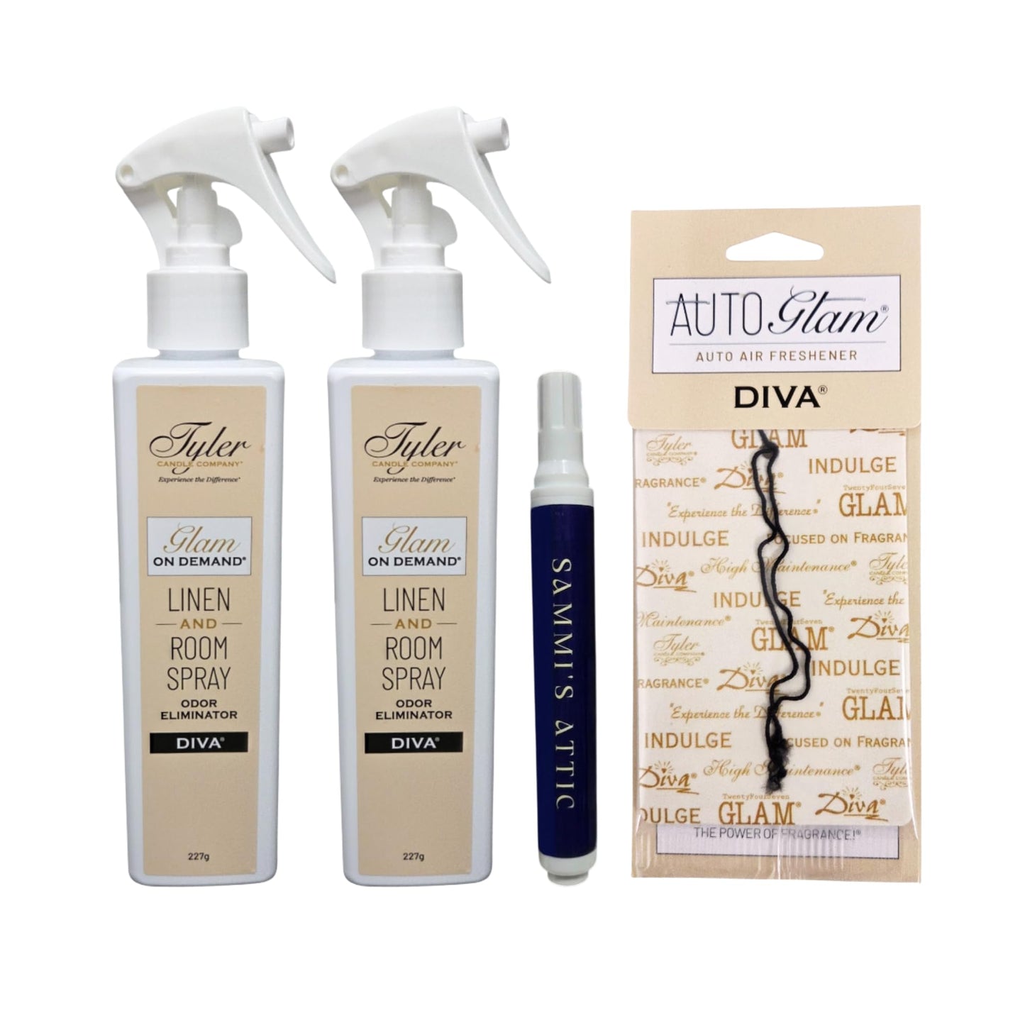 Tyler Diva Room Spray - Glam on Demand 2 Pack - Tyler Linen and Room Spray Bundle with AutoGlam and Stain Remover Pen - Diva Air Freshener and Odor